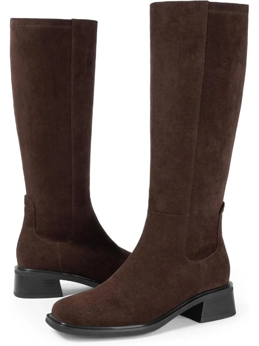 Women's Chocolate Faux Suede Square Toe Knee High Stretch With Side Zipper Boots